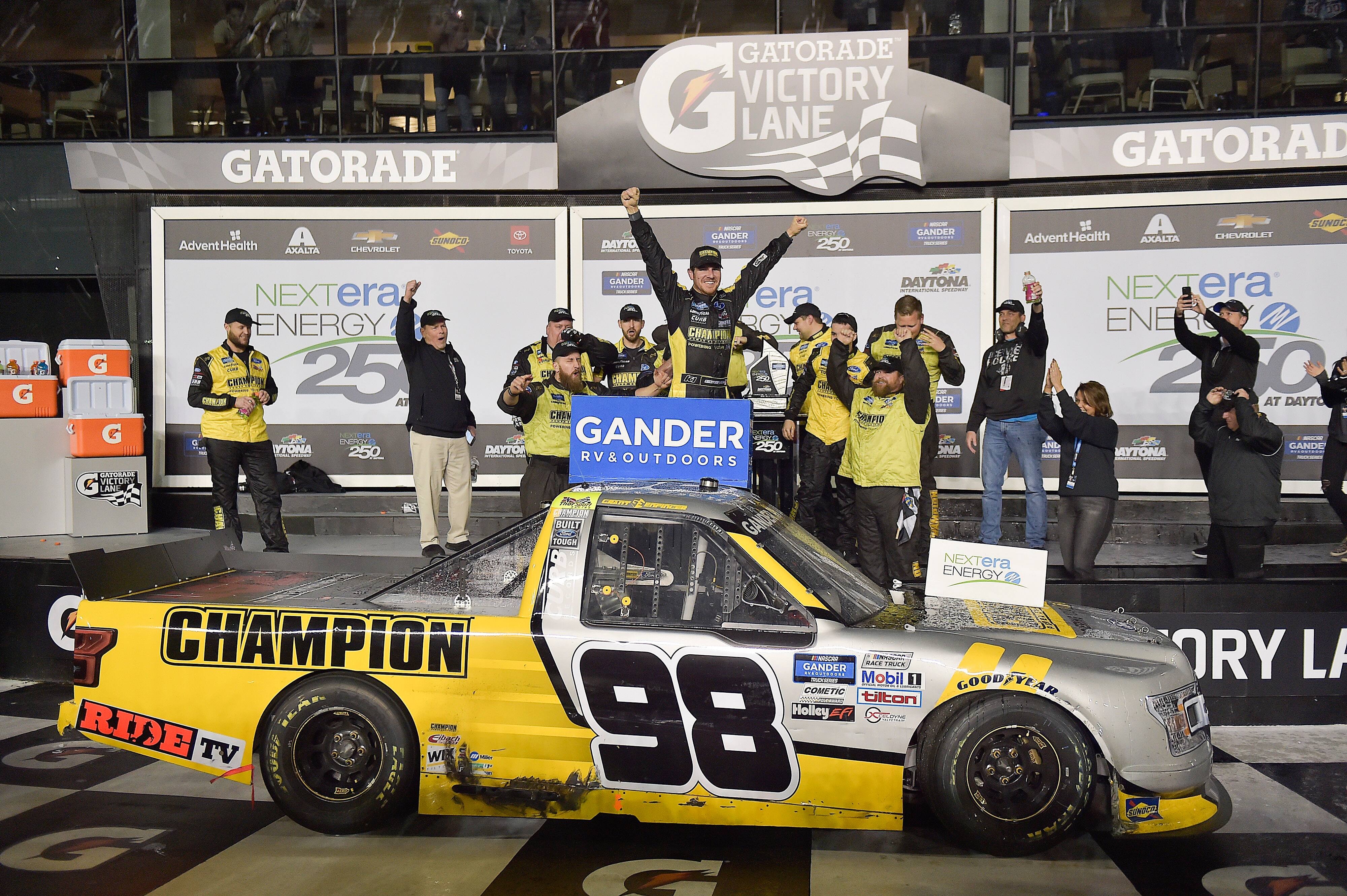 ThorSport Racing’s Grant Enfinger captured Ford's 100th truck series win. ThorSport Racing’s Grant Enfinger captured Ford's 100th truck series win.